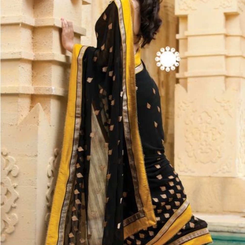 EUC Women Chiffon Black with Yellow Border Designer Saree Sari Blouse Embroidery